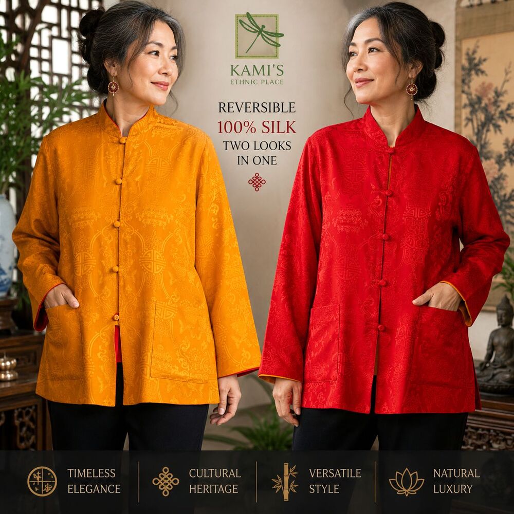 Kami's Ethnic Place Reversible Silk Mandarin Jacket S Red Orange Button Pockets
